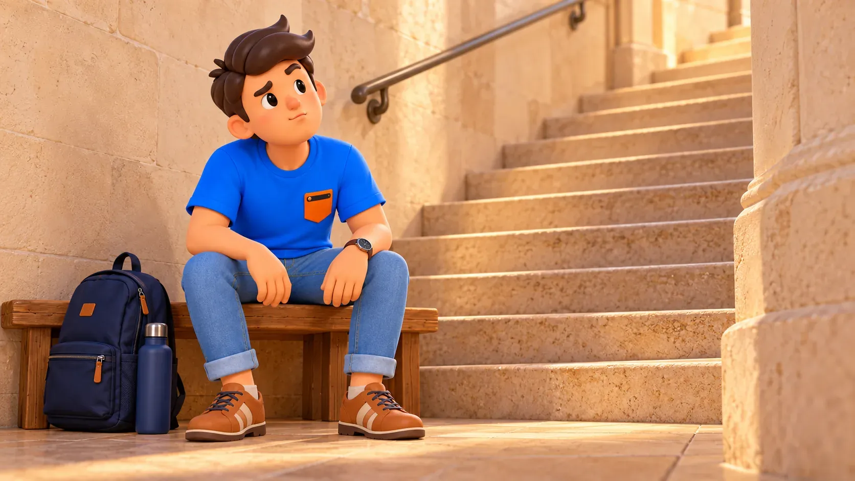 The traveller on a bench considers an imagined stone staircase, not the Leaning Tower interior.
