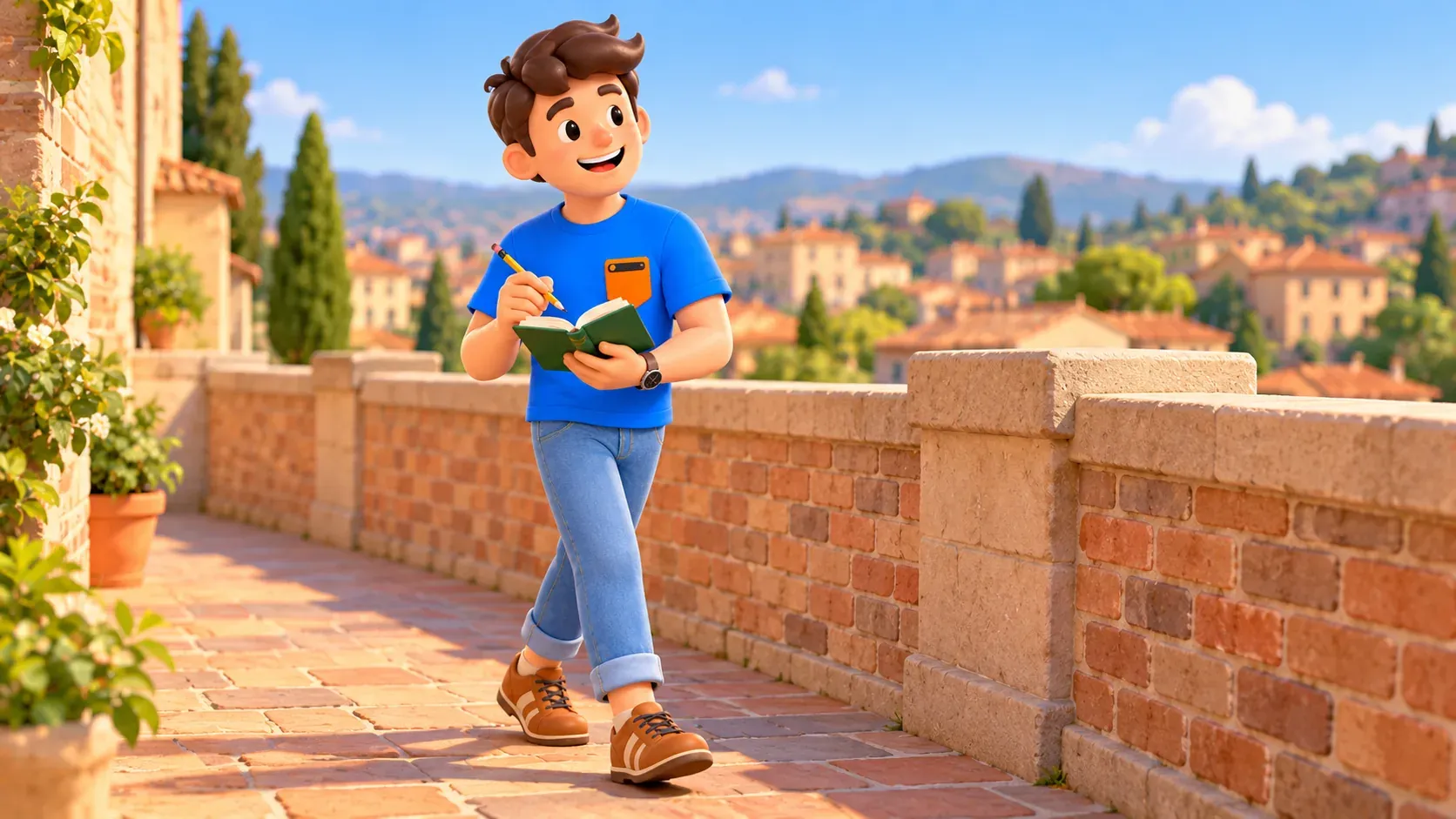 The traveller with green notebook and pencil walks beside a conceptual brick parapet, not a documentary Pisa wall view.
