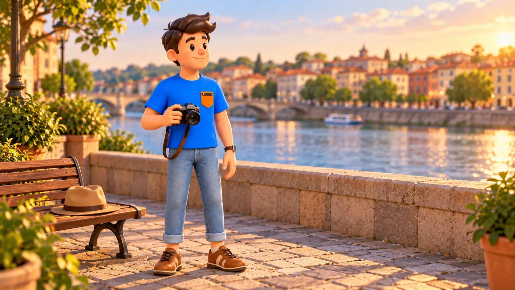 The traveller with a camera beside an imagined riverside and a bench with a hat; the bridge and façades are not a specific Arno view.