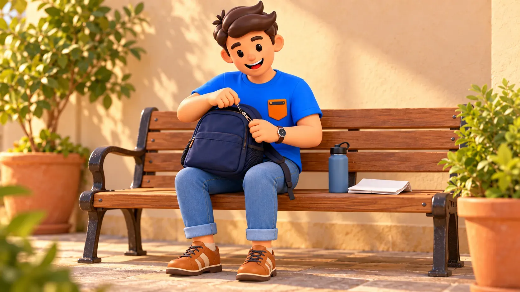 Der Reisende auf einer Bank schließt einen blauen Rucksack neben Wasserflasche und gefaltetem Papier.