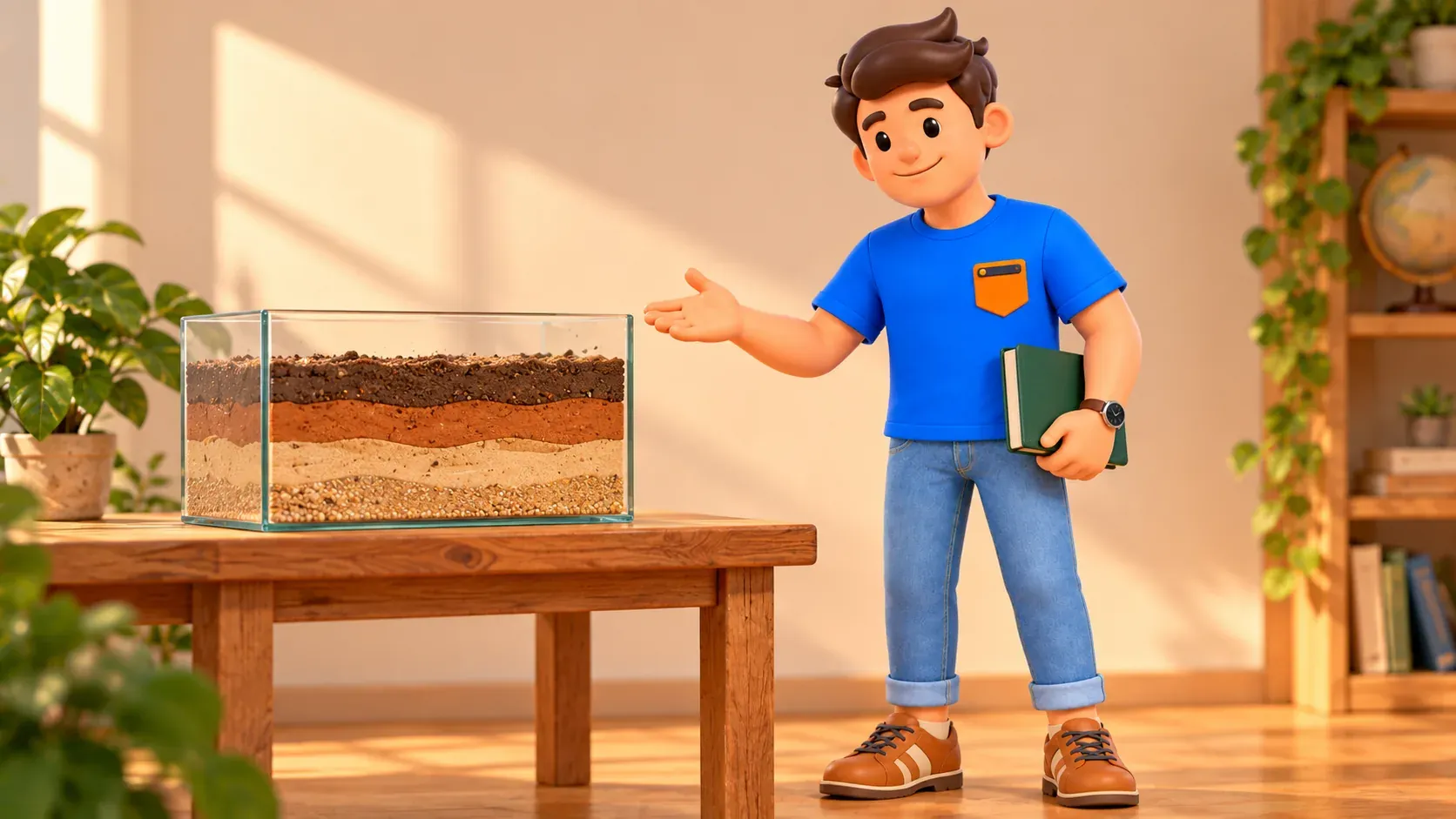 Le voyageur près de couches de sable et terre sous verre, une illustration pédagogique et non une coupe réelle du sol de Pise.