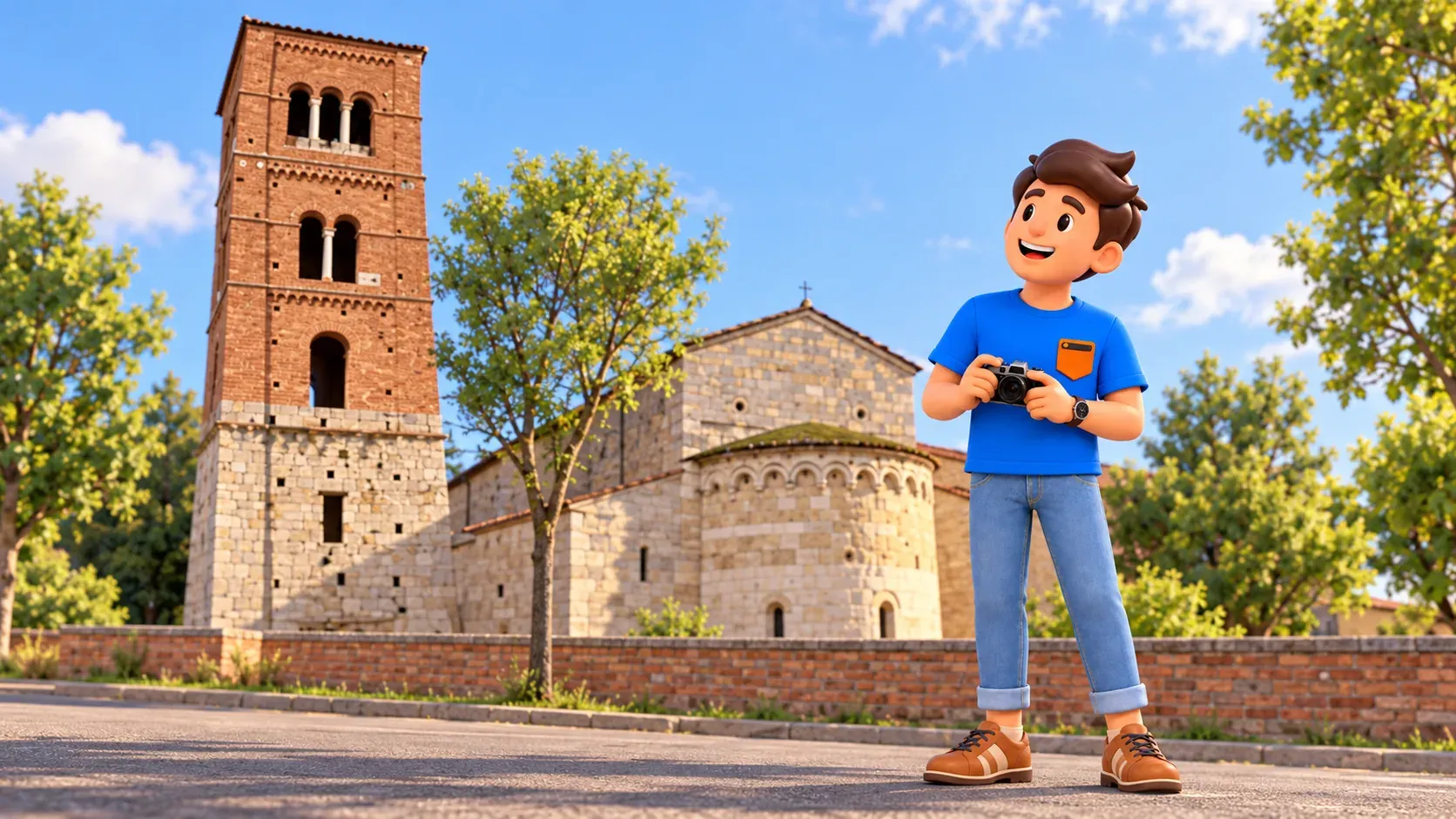 Le voyageur avec appareil devant une interprétation du clocher et de l’abside de San Michele degli Scalzi d’après une photo municipale.