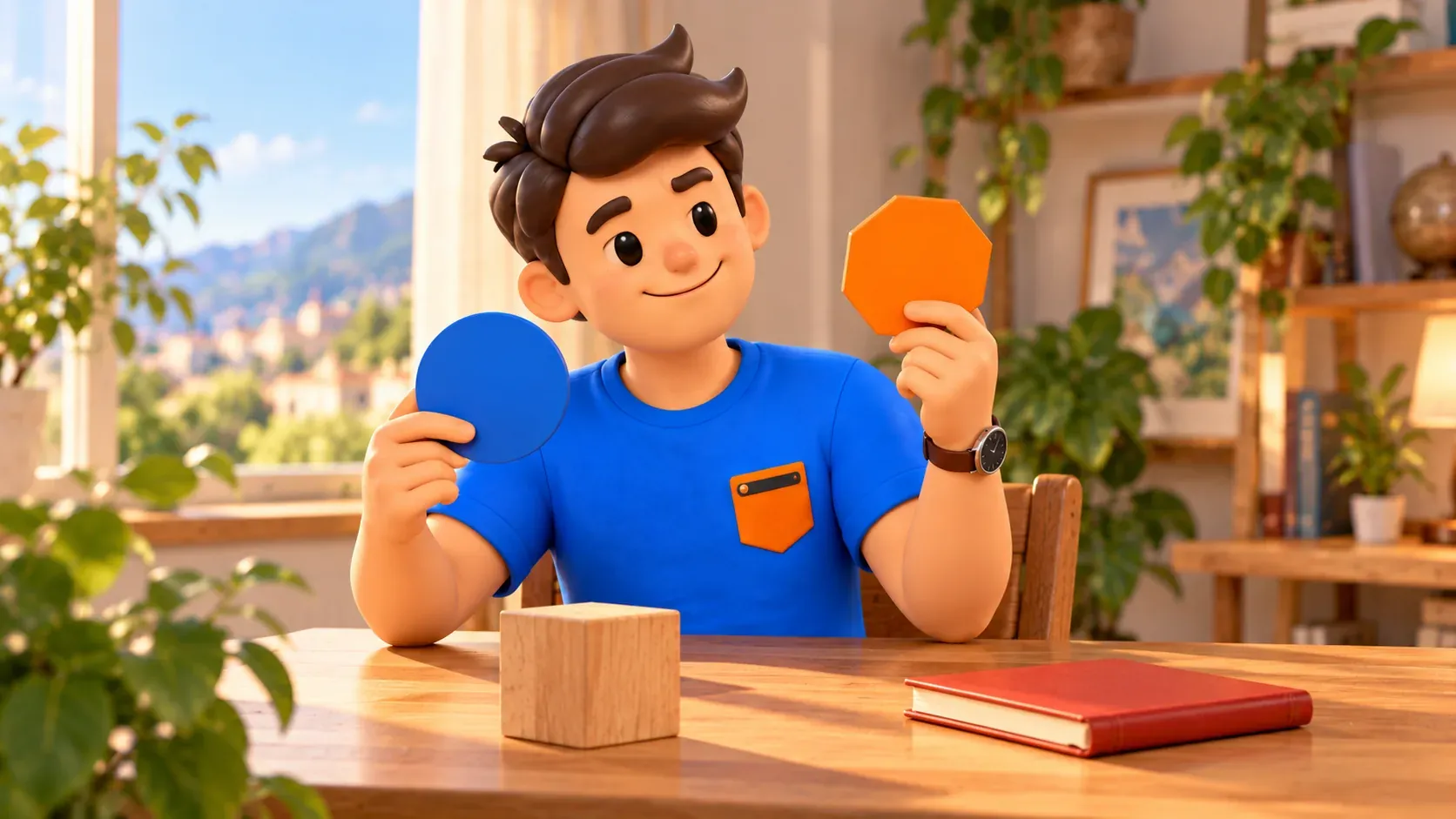 Le voyageur compare un disque bleu et une carte polygonale orange, formes pédagogiques et non plans de tours.