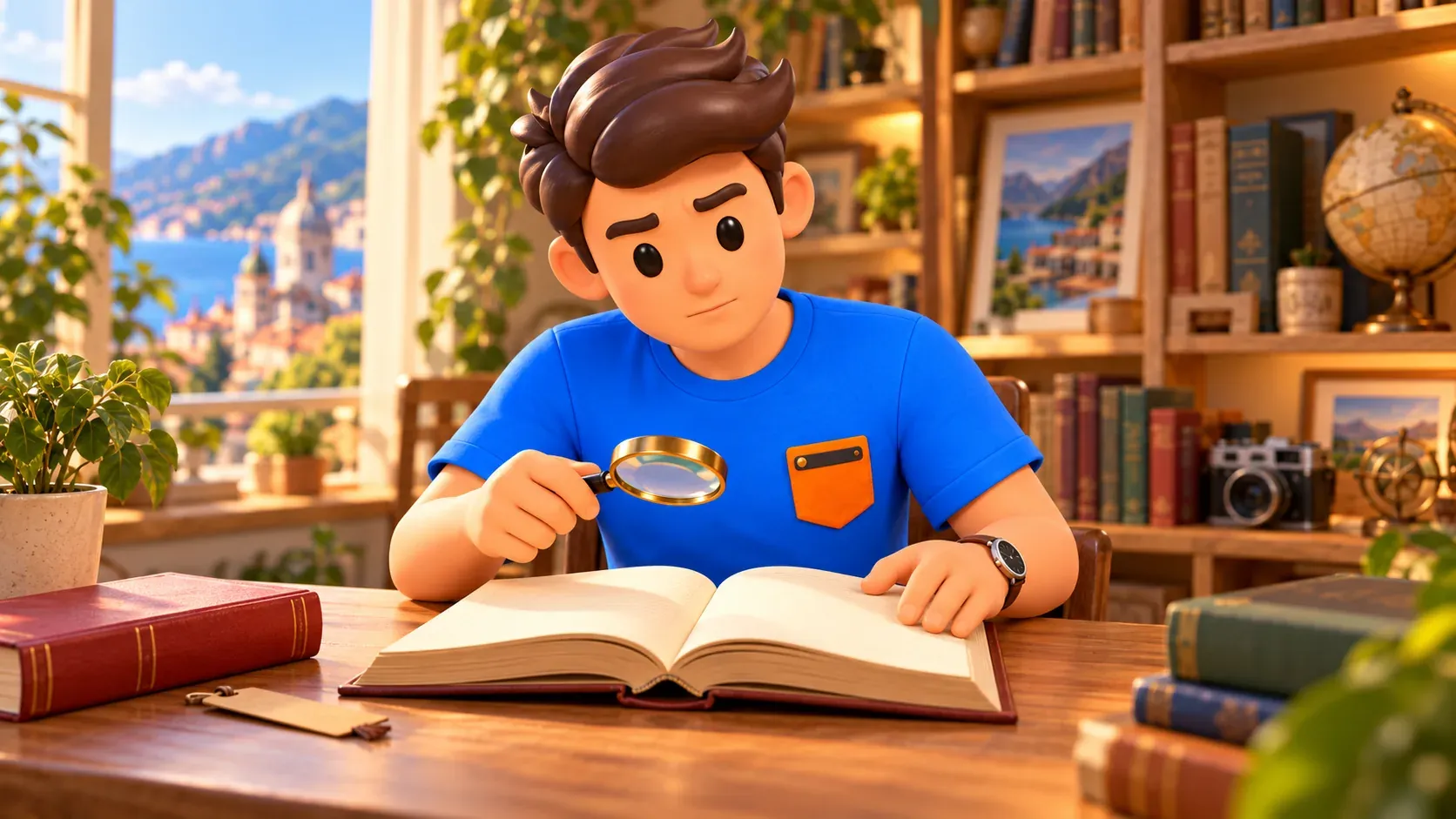 El viajero con lupa examina un libro conceptual en una biblioteca imaginaria, no un manuscrito de Galileo.