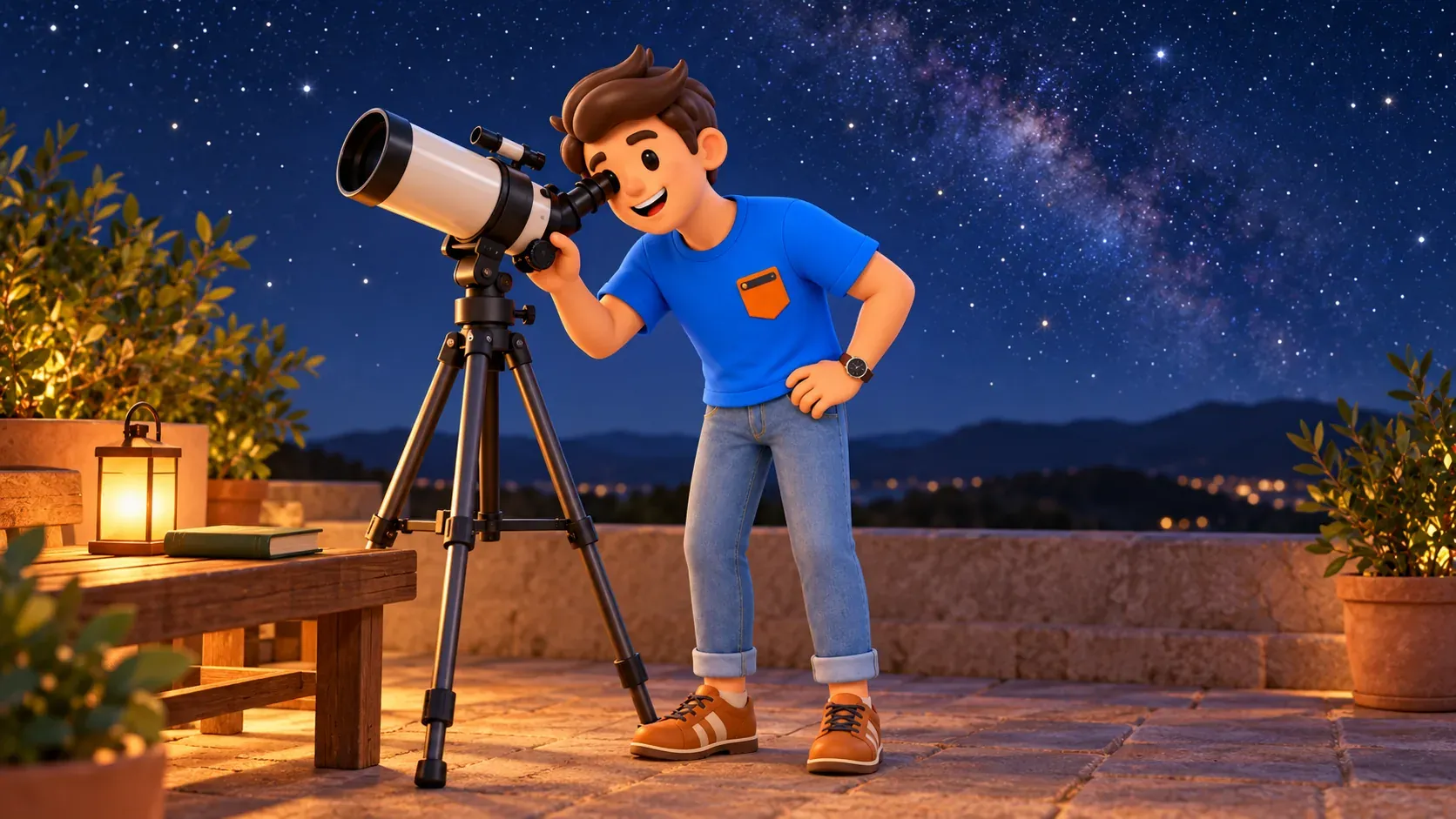 El viajero mira por un telescopio moderno en una terraza nocturna imaginaria, no un observatorio histórico de Pisa.