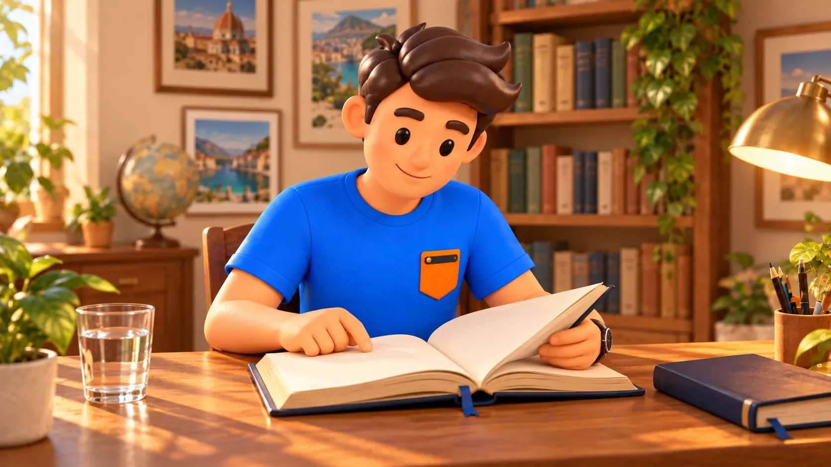 The traveller reads a conceptual book with a bookmark at a table, not a Dante manuscript or historic interior.