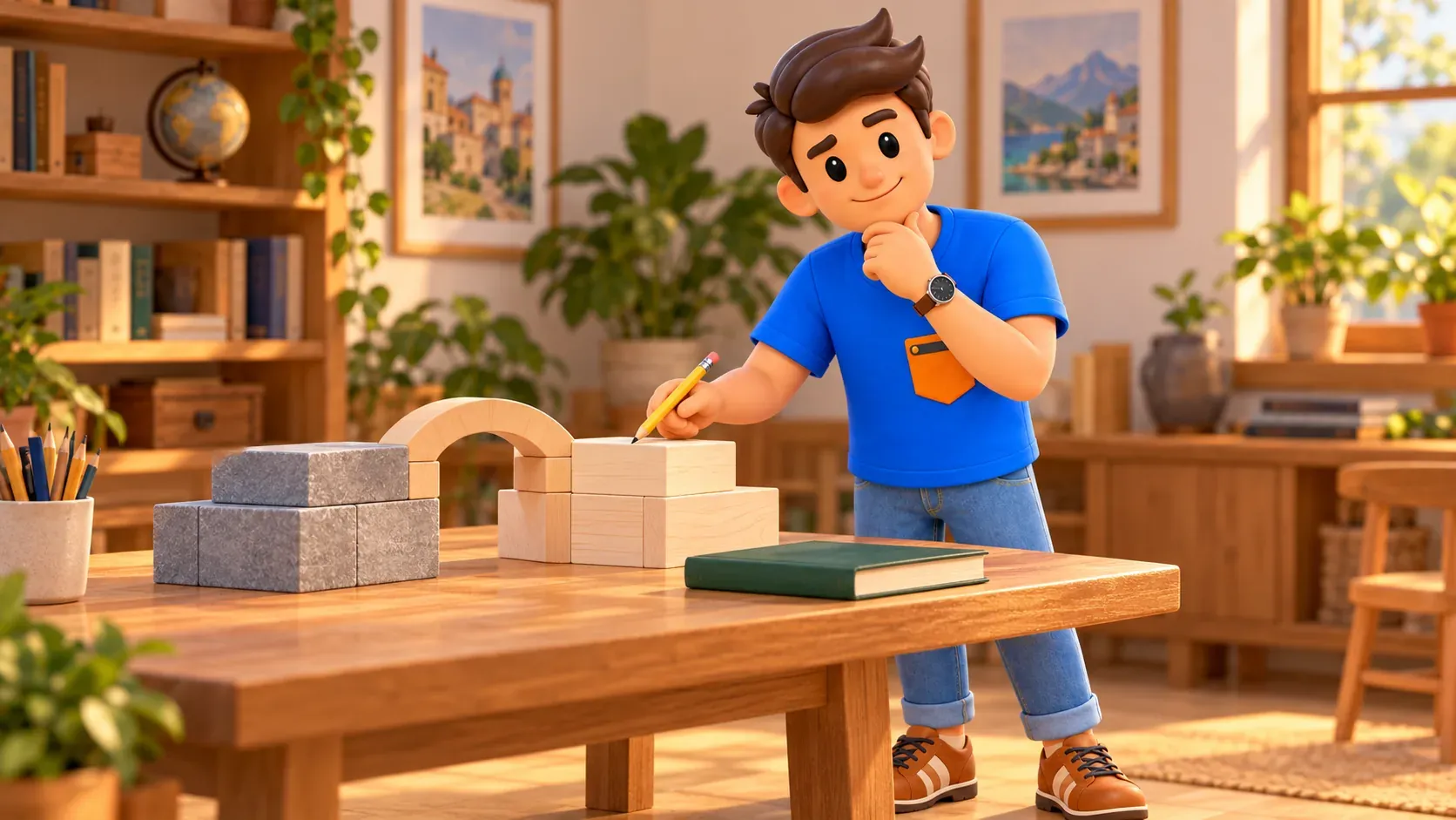 The traveller with a pencil considers educational blocks and an arch, a conceptual scene rather than an exact Clock Palace reconstruction.