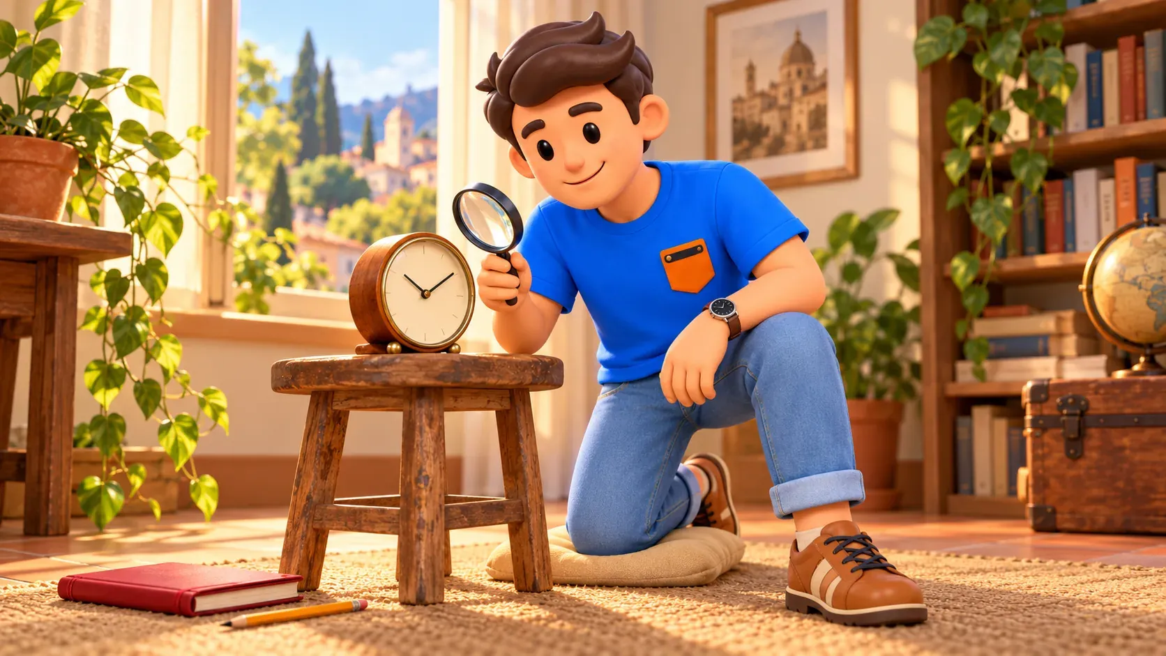 The traveller with a magnifying glass beside an ordinary table clock, an educational illustration rather than the palace mechanism.