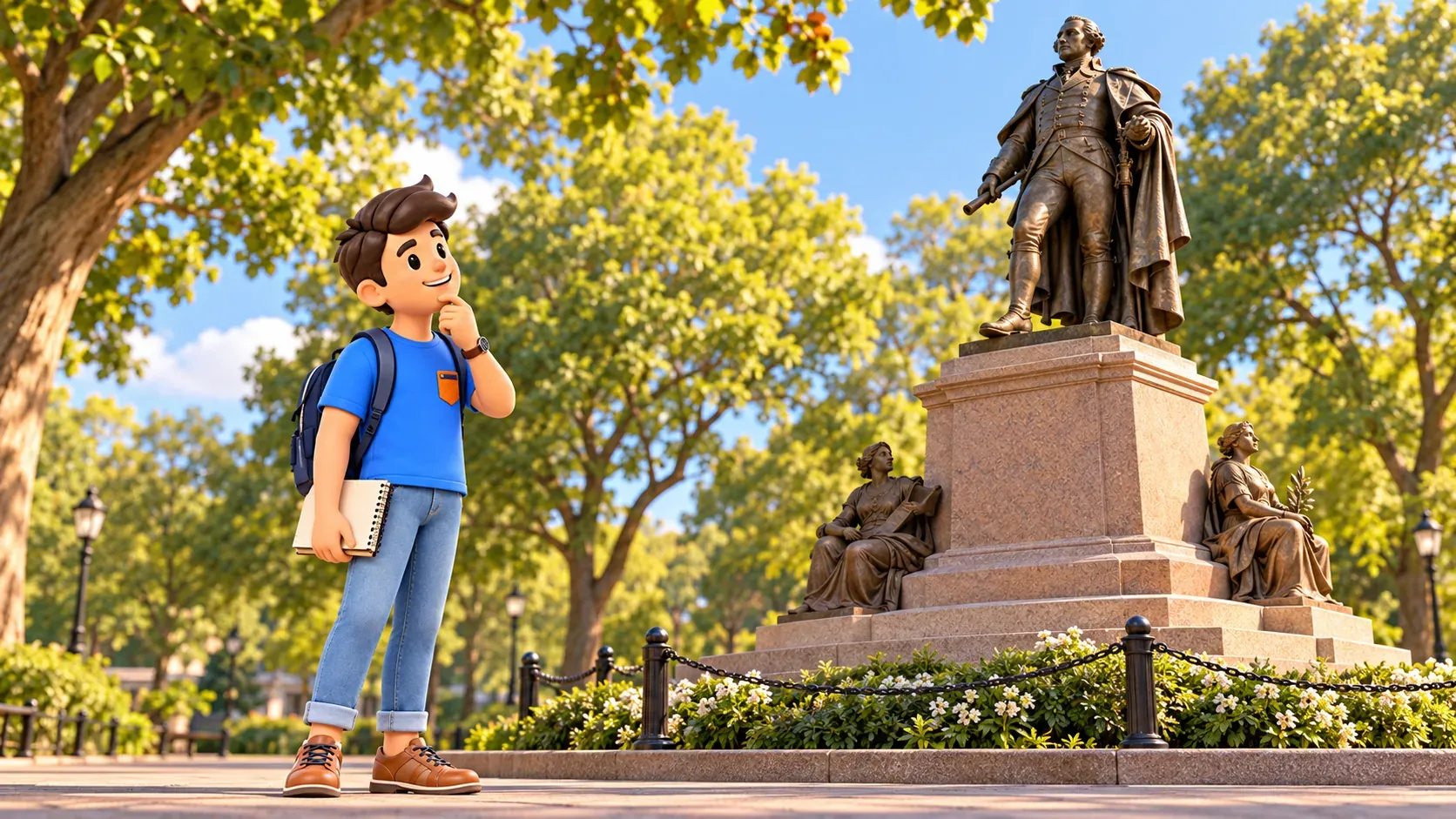 Illustration: Looking at a memorial figure and pedestal