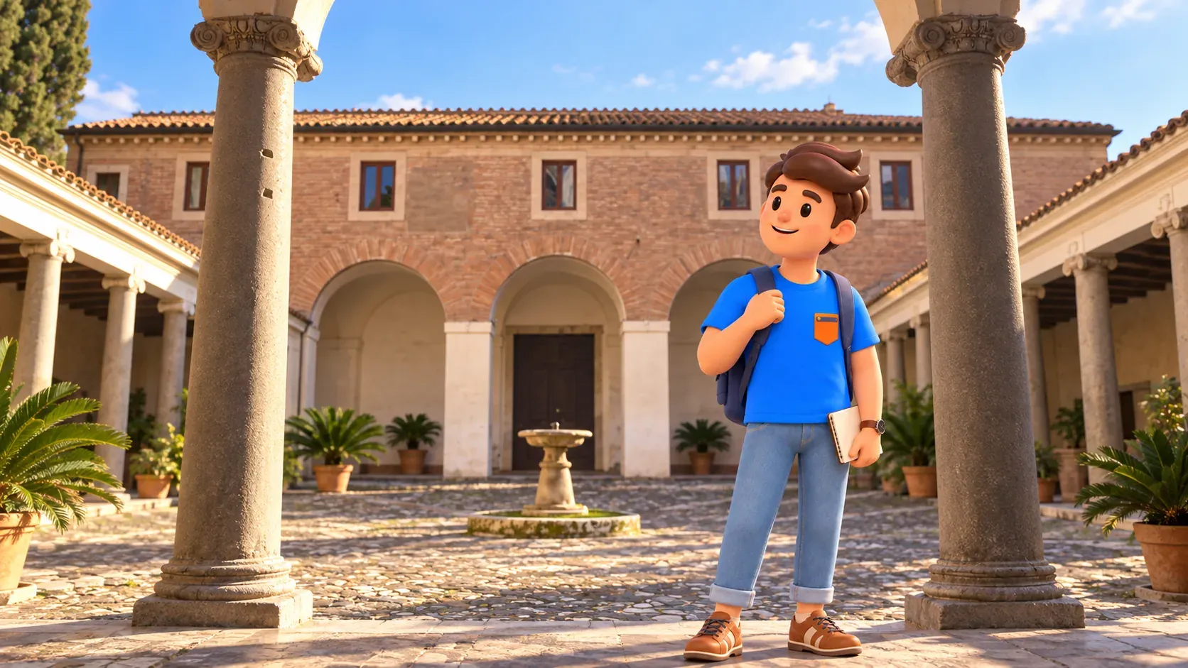 A traveller in the courtyard of San Clemente basilica