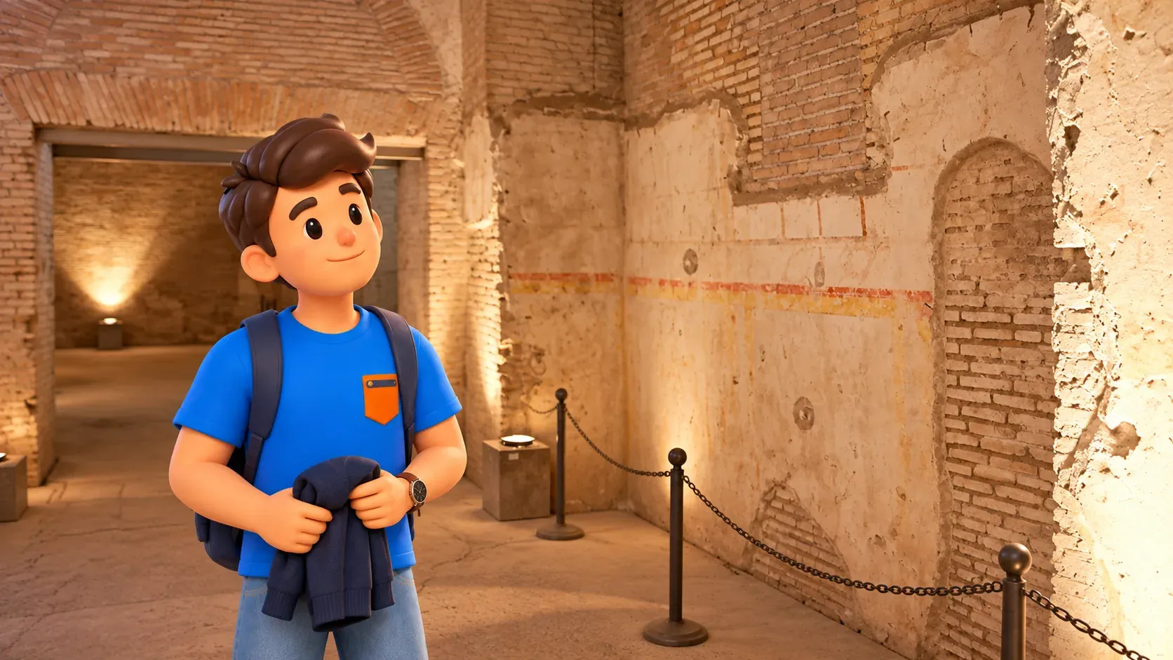 A traveller holding a warm cardigan looks at a surviving wall in the Domus Aurea