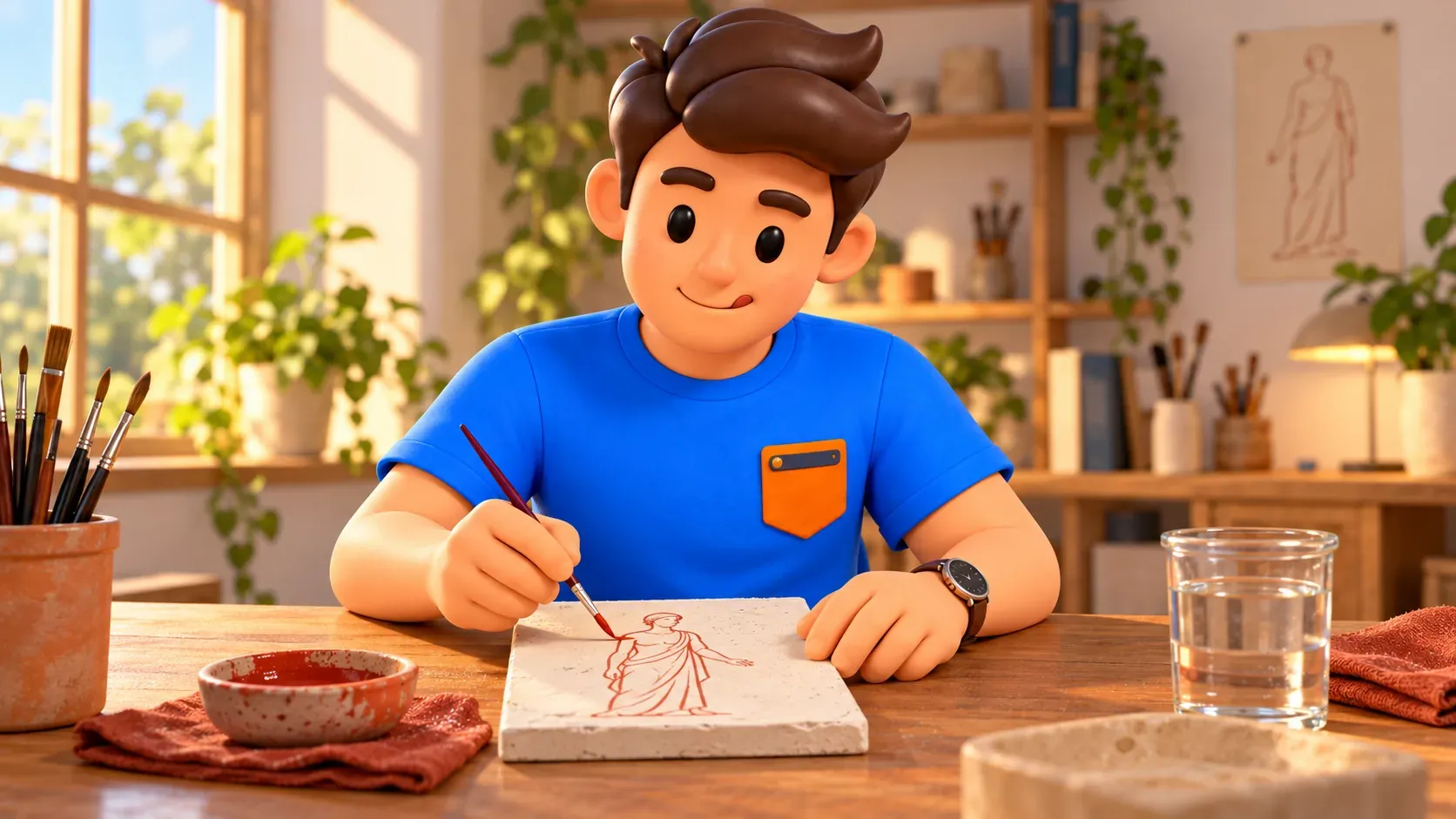 El viajero traza un dibujo rojo de práctica sobre un panel nuevo en un taller imaginado, no sobre un original del museo.