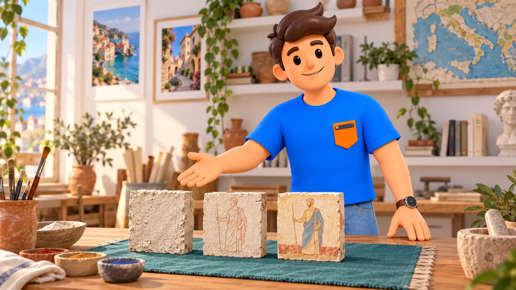 El viajero muestra tres ejemplos educativos de base, dibujo rojo y pintura, no fragmentos auténticos del Camposanto.