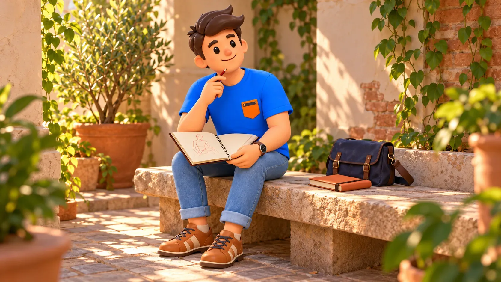 El viajero con lápiz y boceto de práctica descansa en un patio imaginado, no un dibujo de la colección del museo.