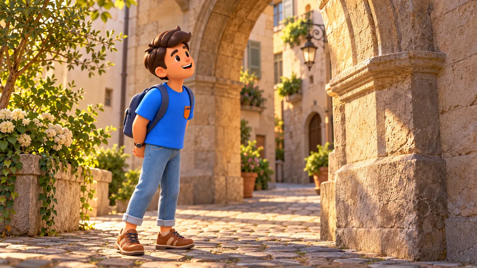 The character examining a stone arch in an old cobbled courtyard