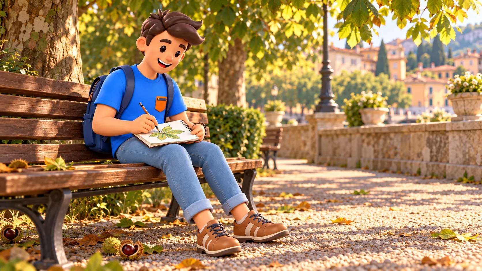 The character sketching a leaf while resting on a wooden bench under trees
