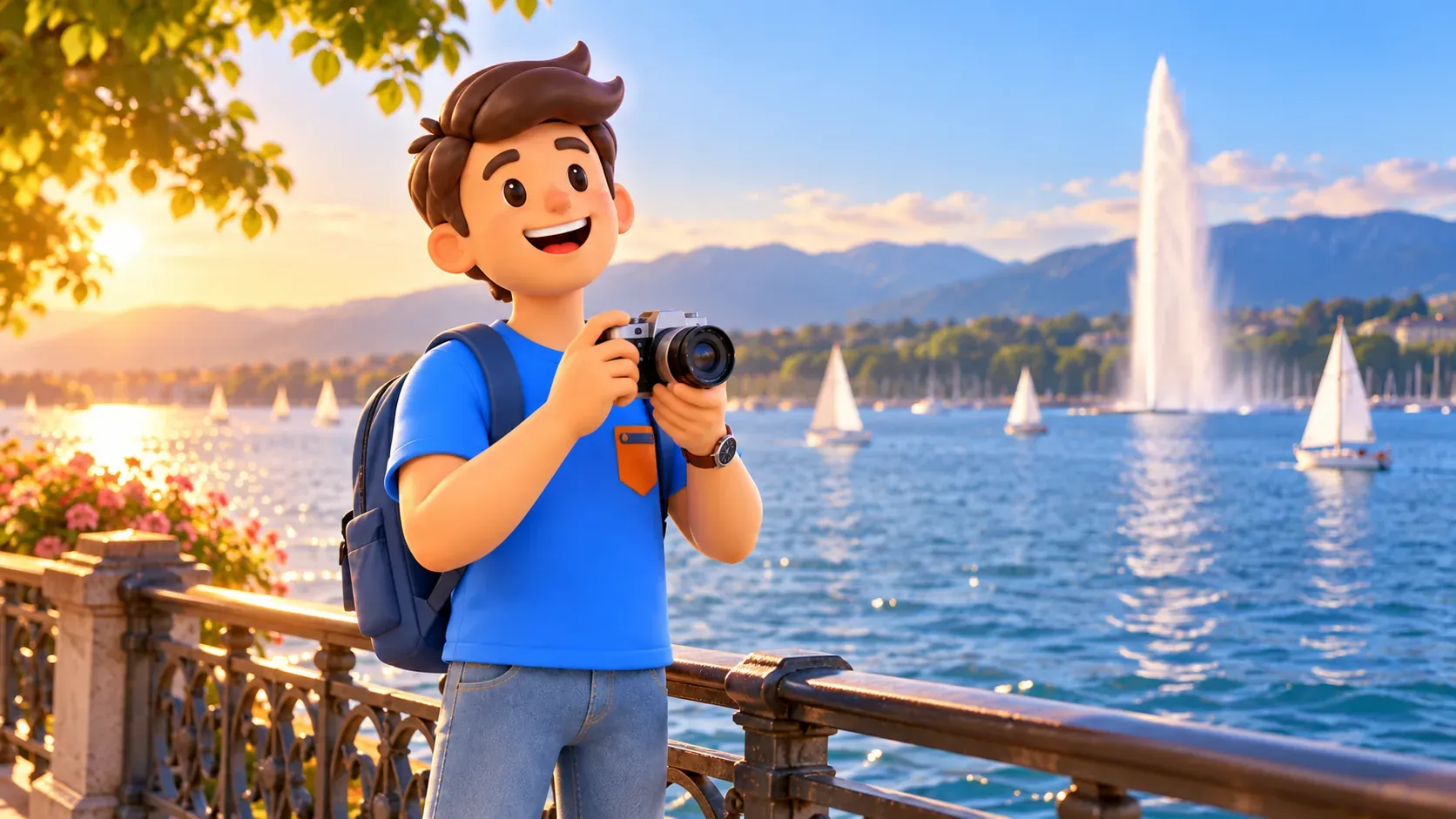The character holding a camera by the lake with Jet d’Eau in evening light