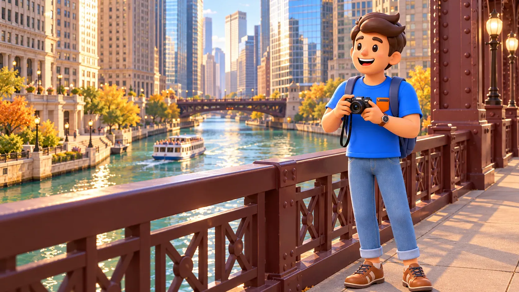 Traveller with a camera observing river architecture from a city bridge.