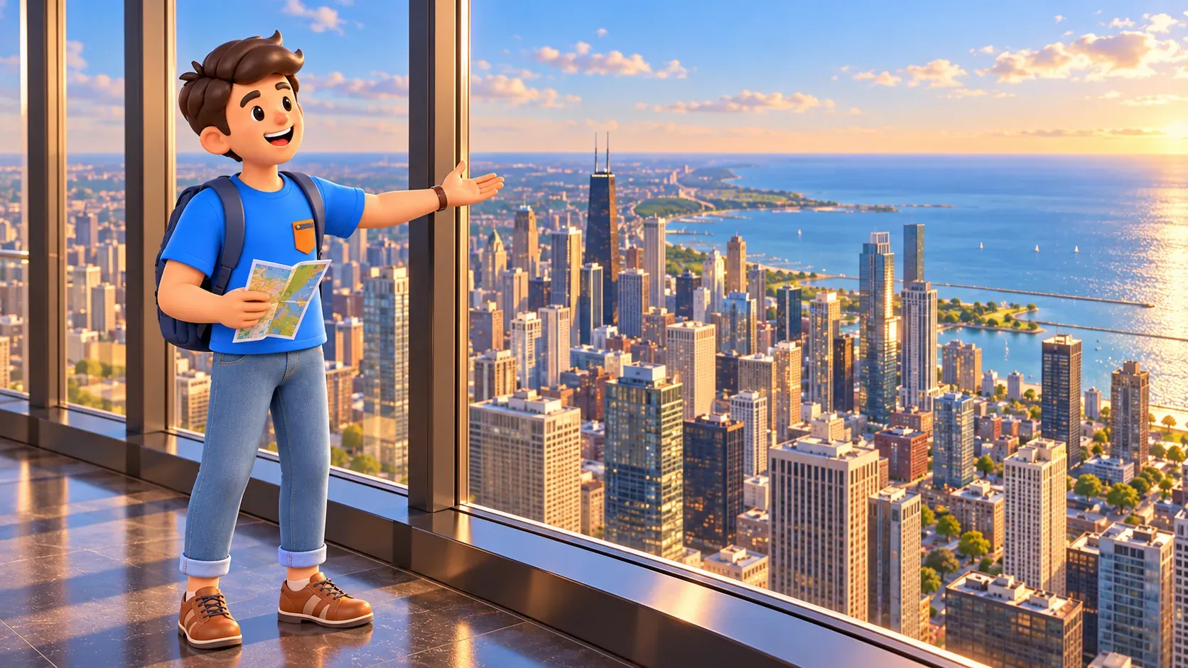 Traveller with a paper map observing the city and lake from an indoor observation deck.