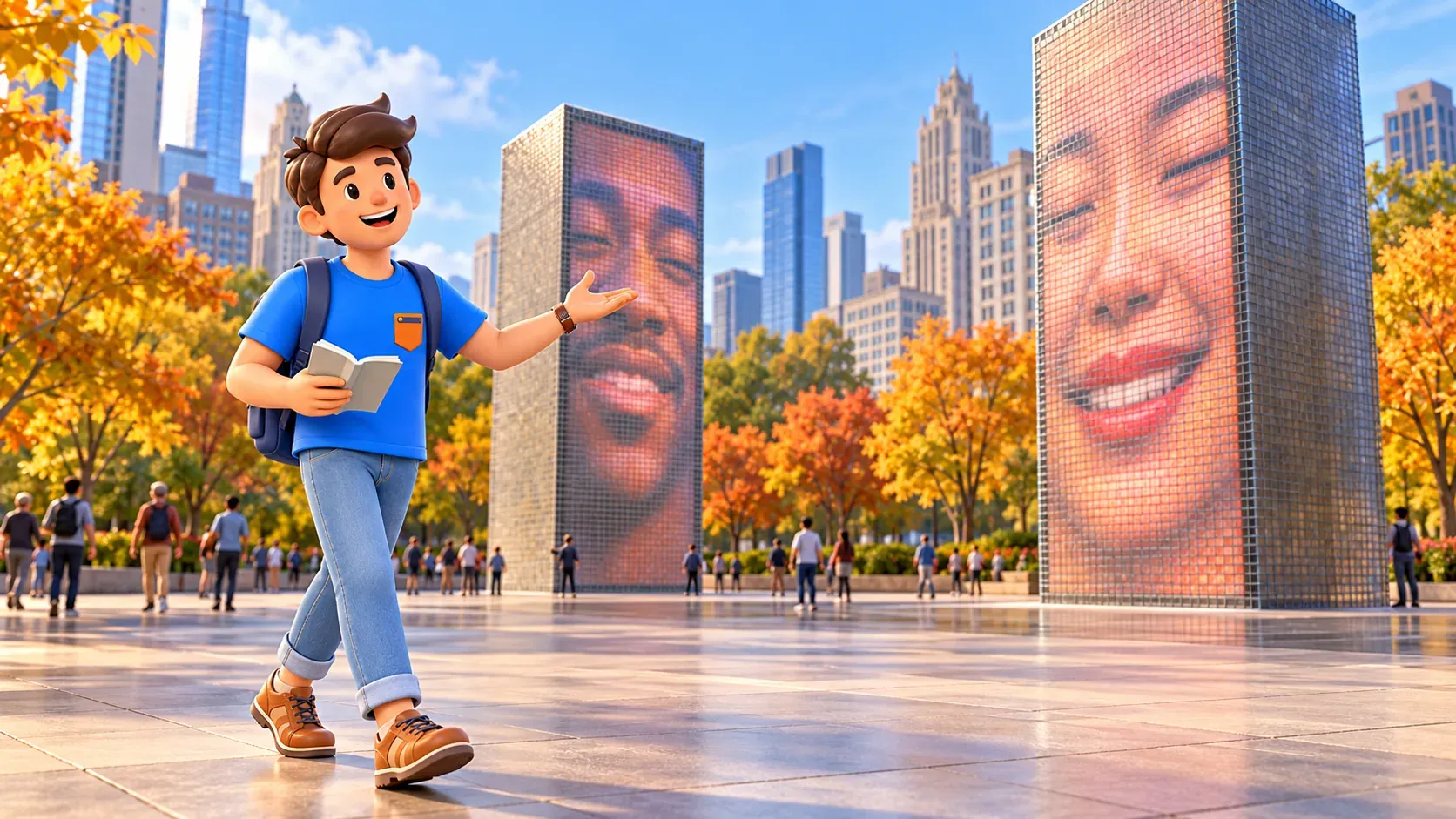 Reisender mit Reiseführer entdeckt öffentliche Kunst im Millennium Park.