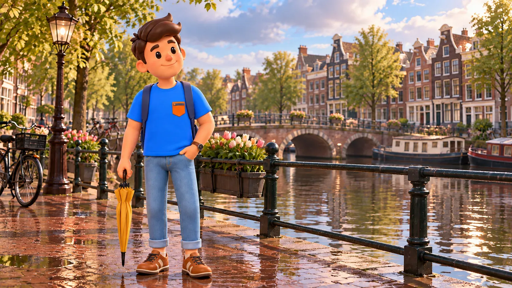 Ein Reisender mit geschlossenem gelbem Schirm an einer Gracht nach dem Regen