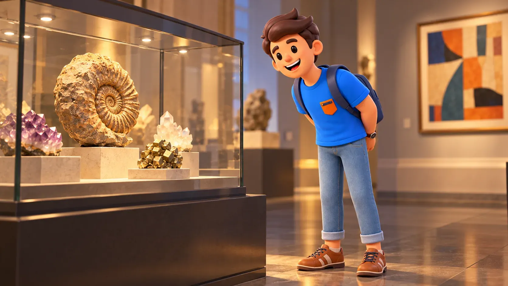 Illustration eines Museumsbesuchs: Reisender betrachtet ein Fossil und Mineralien.