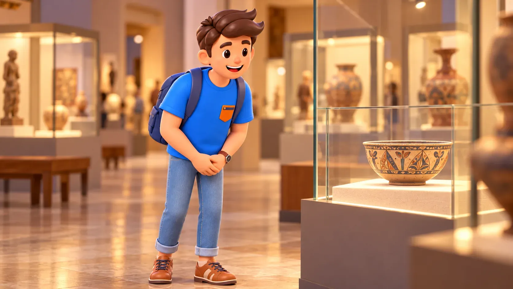 Le personnage observe un bol décoratif dans une vitrine de musée