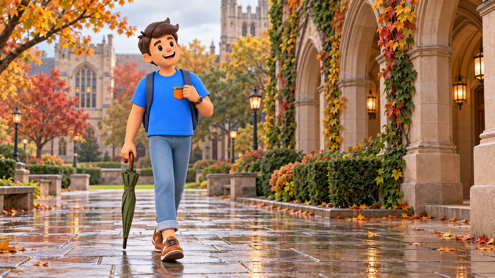 Illustration d’une promenade universitaire : voyageur avec un parapluie fermé près d’arcades en pierre.
