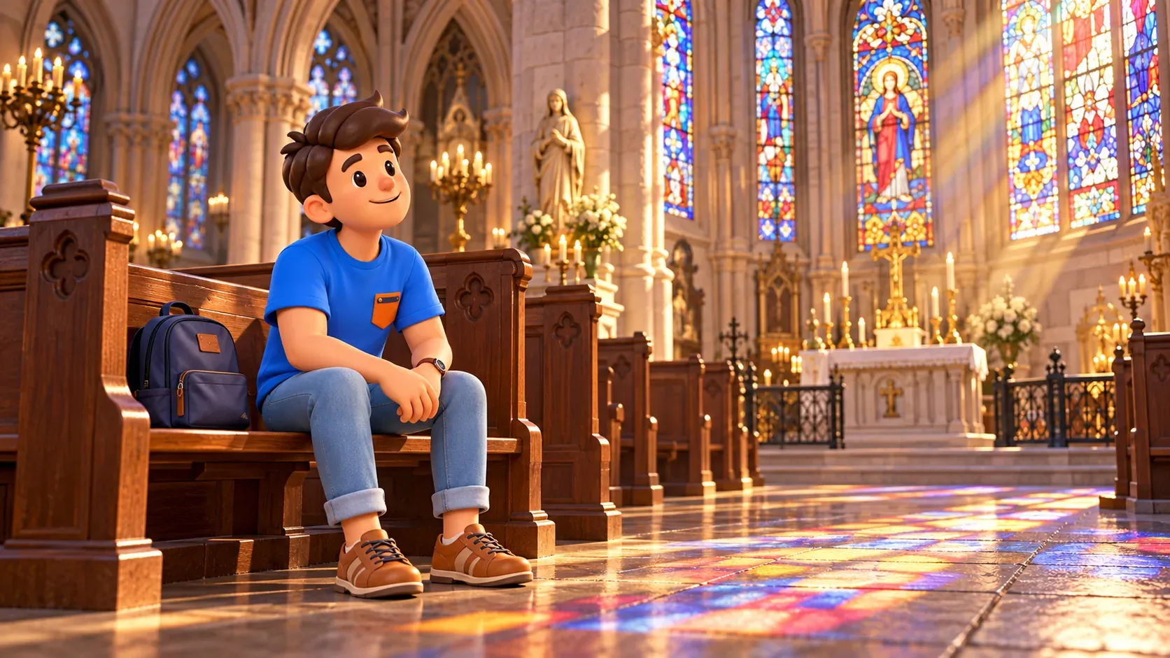 Le personnage est assis sur un banc d’église dans la lumière colorée des vitraux