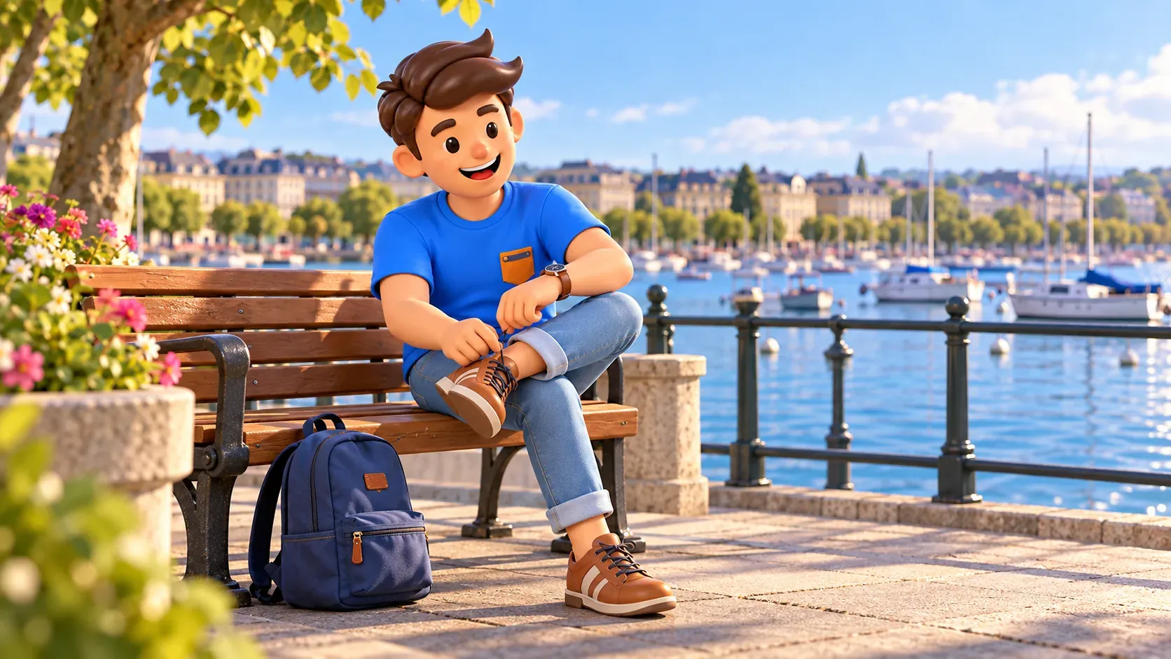 Un voyageur ajuste son lacet sur un banc au bord du lac