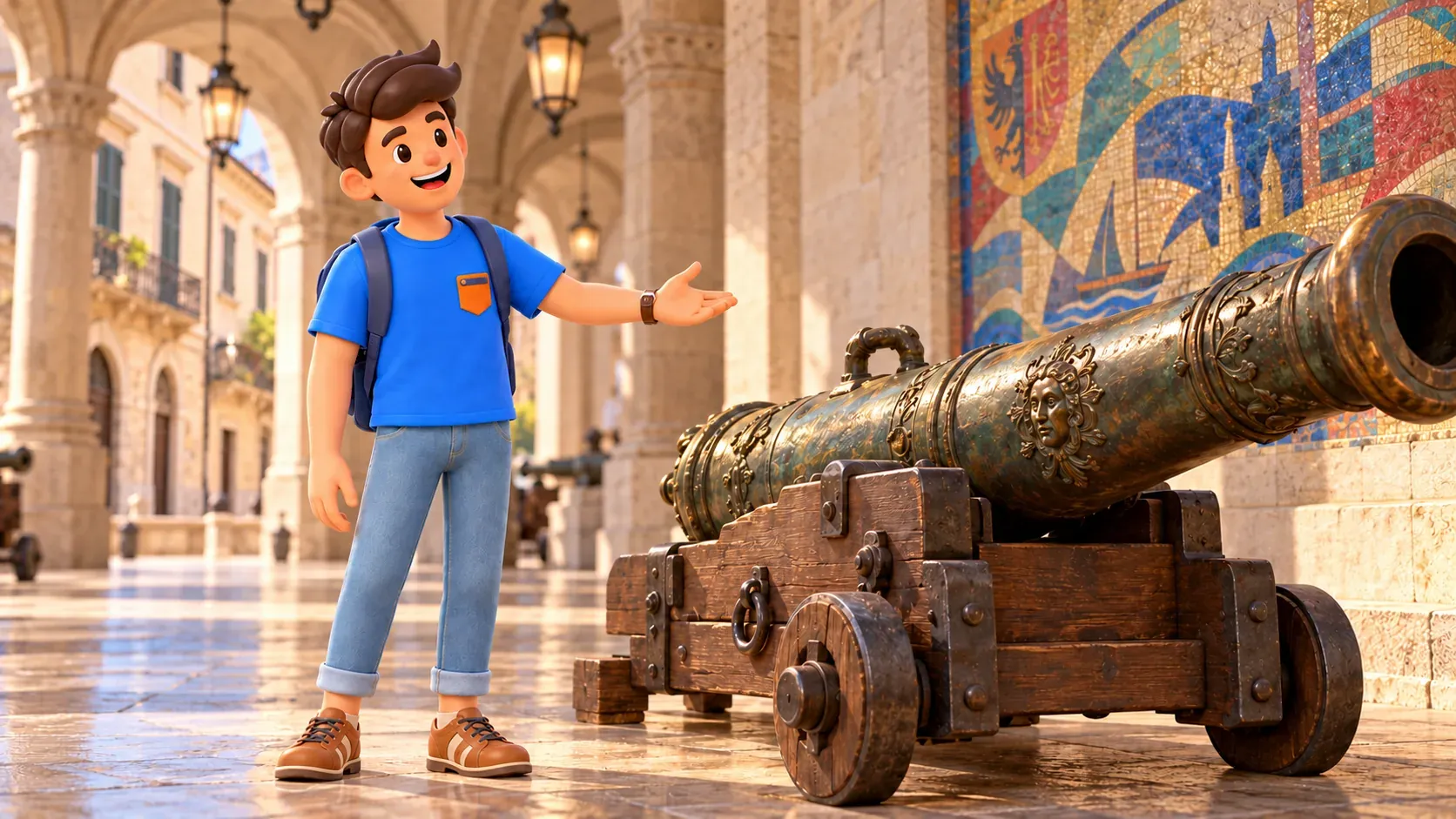 Le personnage observe un canon ancien sous des arcades de pierre