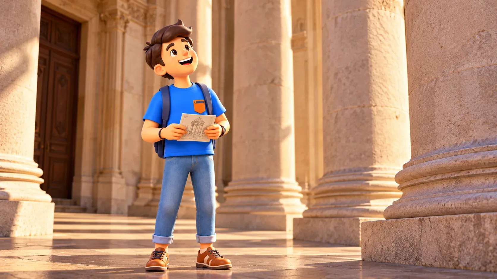 Le personnage tient un dessin architectural et regarde les colonnes d’un portique