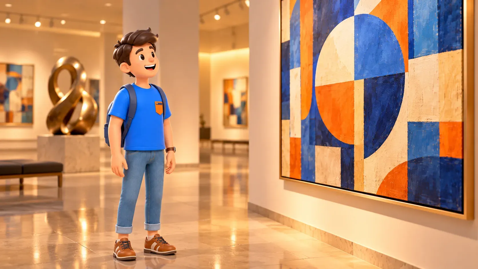 Reisender betrachtet ein abstraktes Gemälde in einer Galerie.
