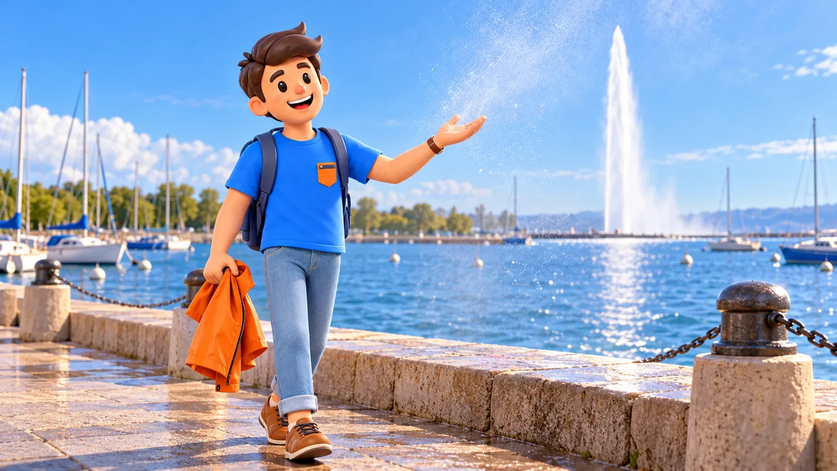 Ein Reisender spürt Sprühwasser am Quai vor dem Jet d’Eau