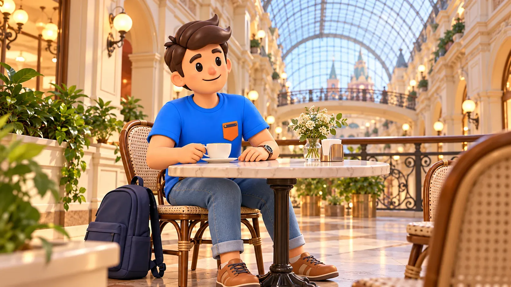 Ein Reisender macht mit einer Tasse Pause in einer überdachten GUM-Galerie, 3D-Illustration