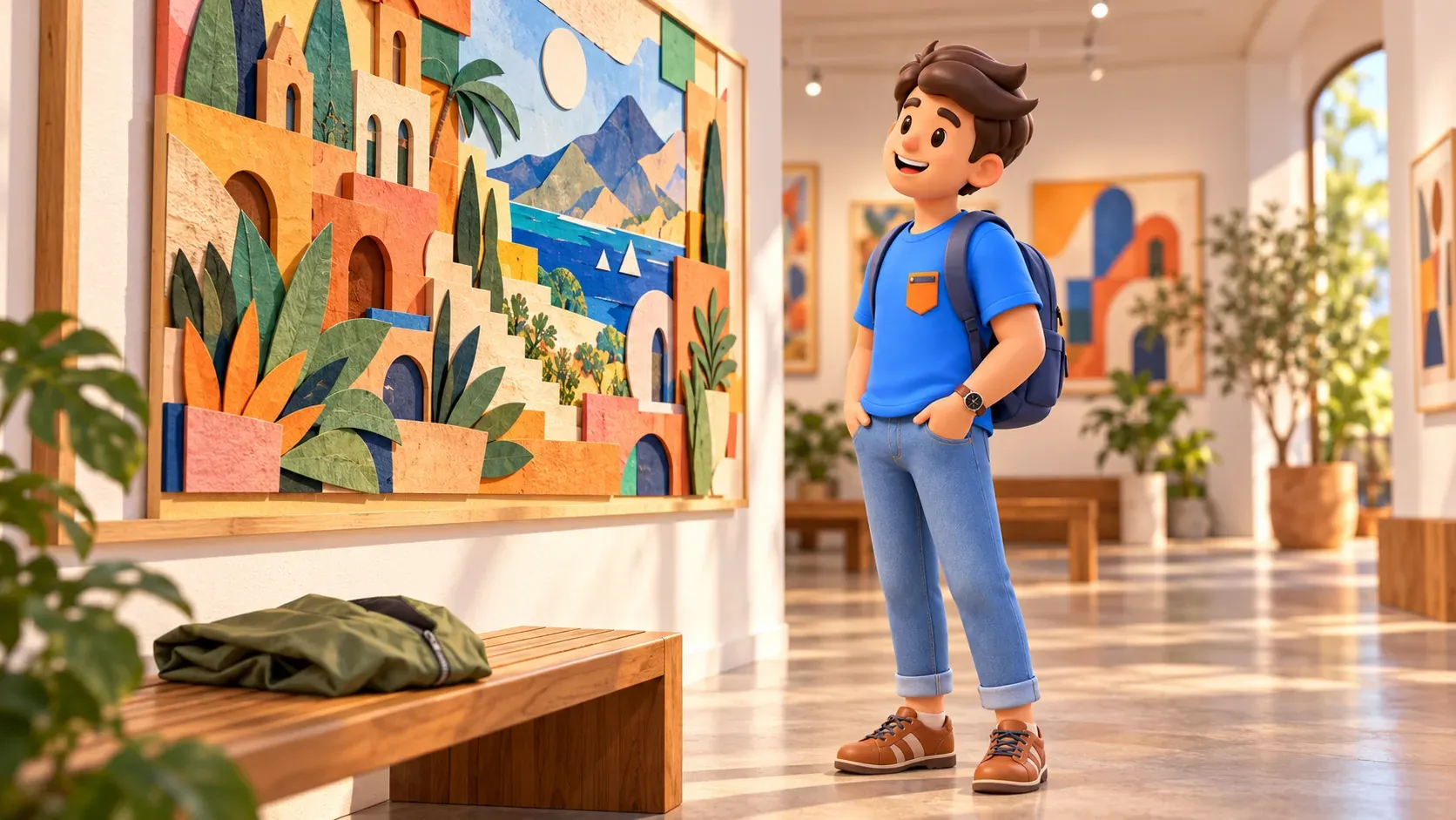 Viajero observando un collage de papel imaginado en una pequeña galería.