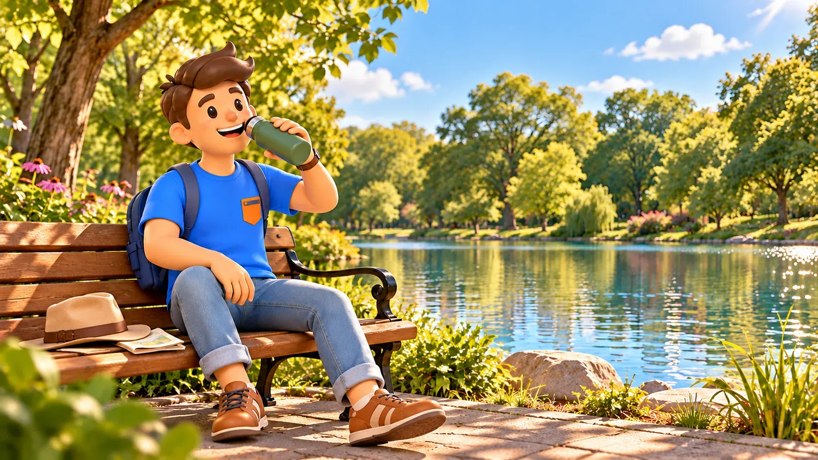 Viajero descansando con una botella de agua en un banco junto a una laguna del parque.