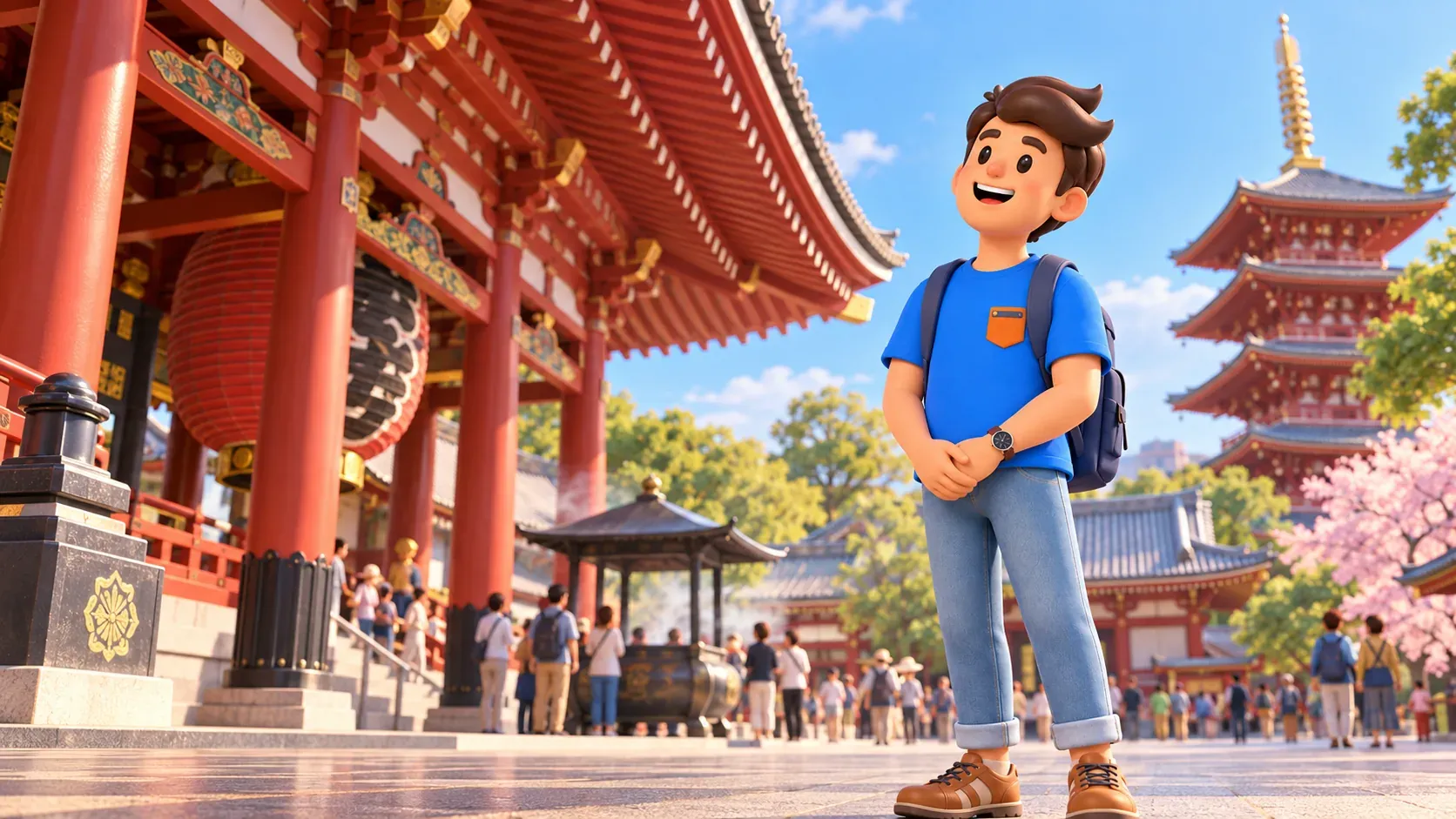 Traveler looking at architecture in a stylized temple courtyard