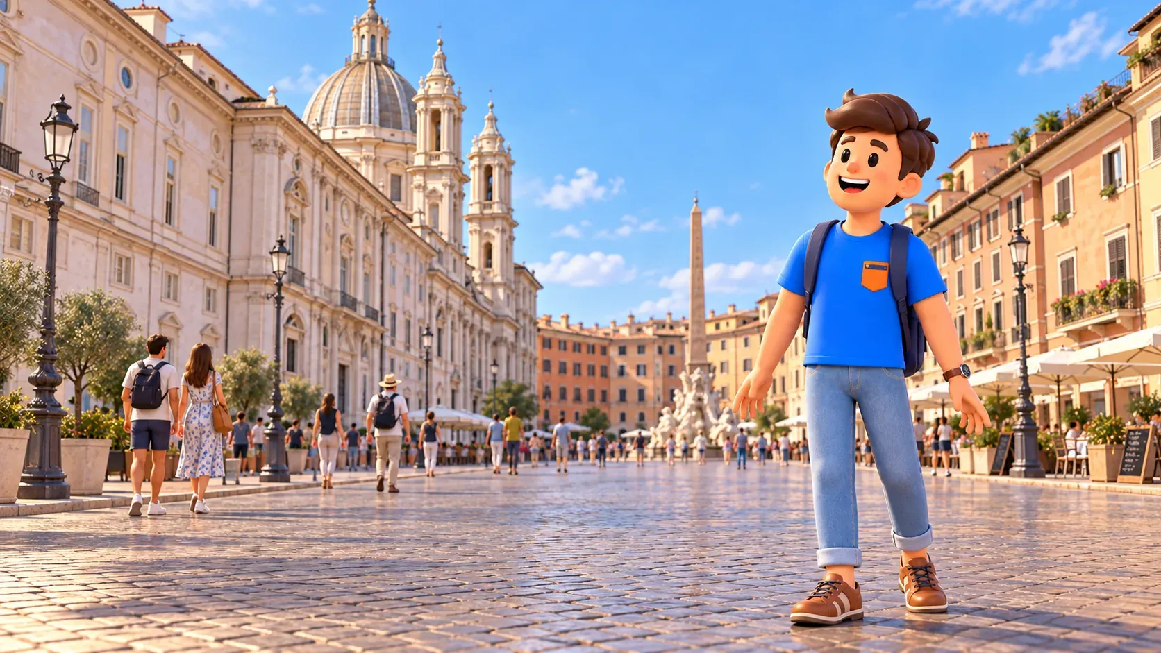 Un viajero se fija en el espacio alargado de la plaza Navona