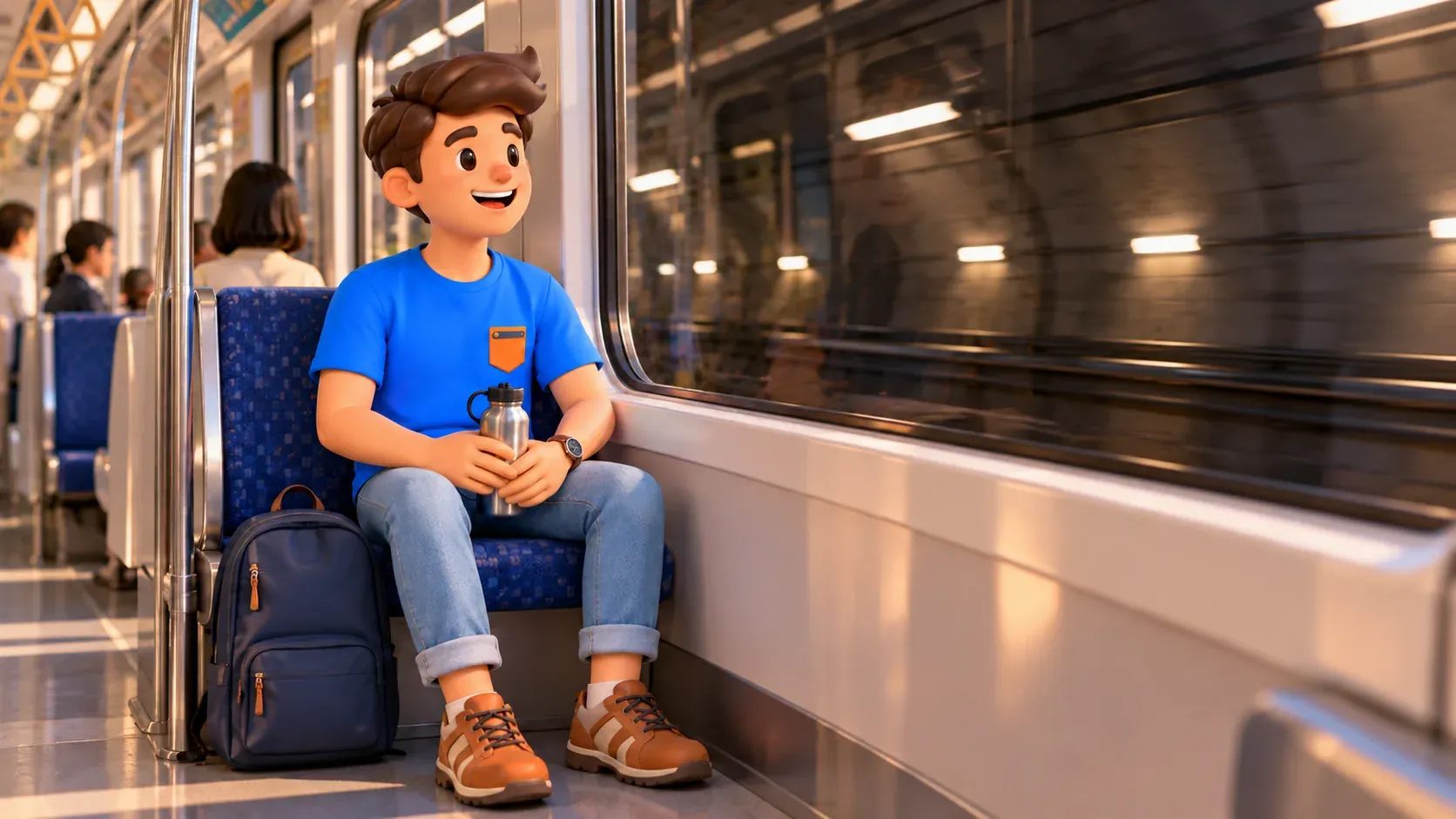 Traveler holding a water bottle in a subway carriage in a tunnel