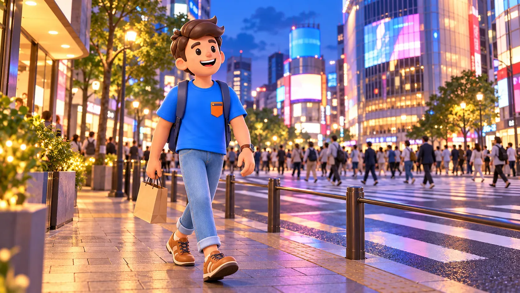 Traveler carrying a paper bag along an evening sidewalk near a large crossing