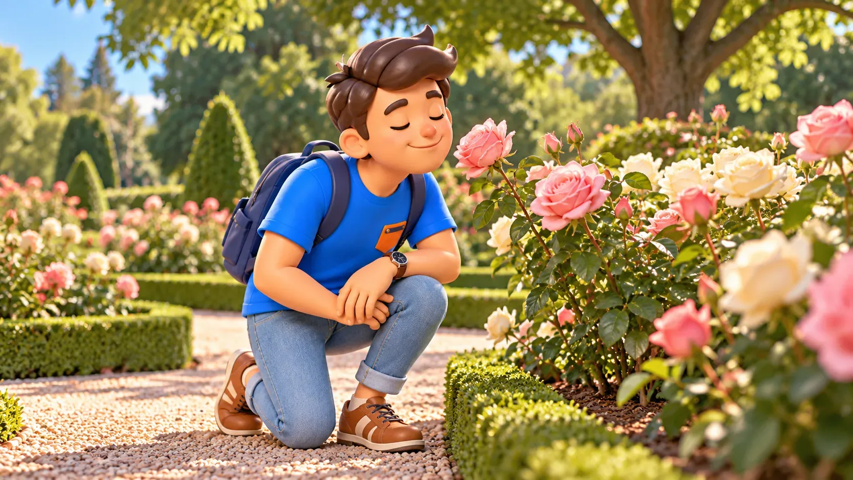 The character smelling a rose while staying on the path