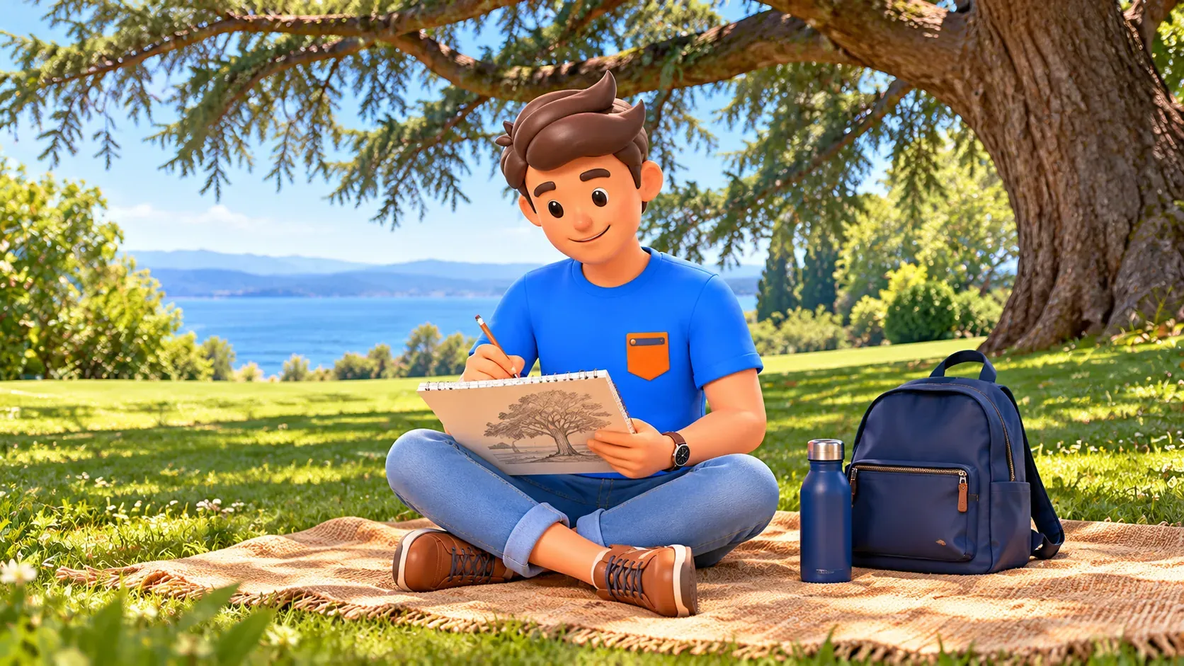 A traveller sketching a tree on a blanket in a lakeside park