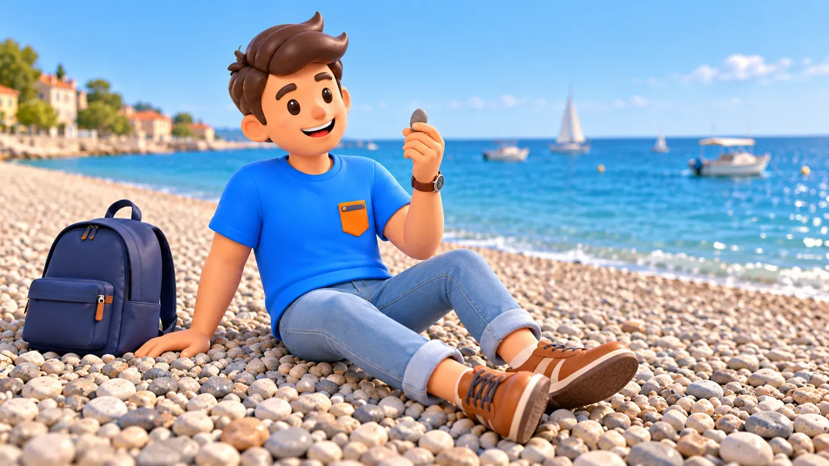 The character examining a pebble while resting on a dry pebble shore