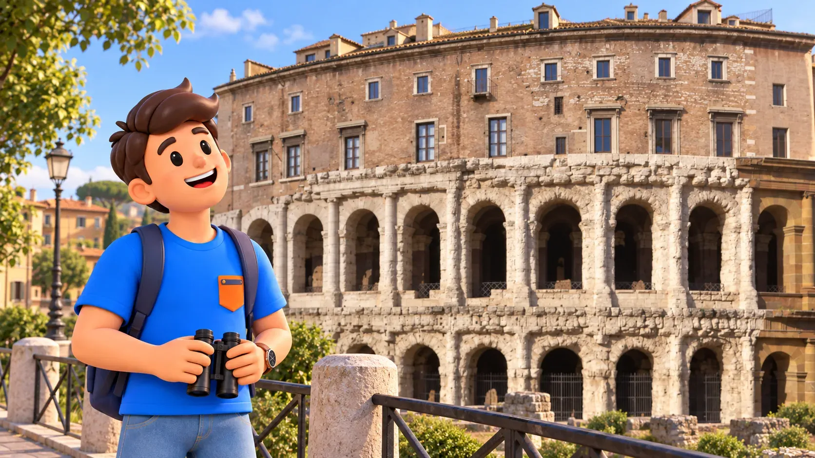 Un viajero contempla el palacio sobre los arcos romanos del teatro de Marcelo