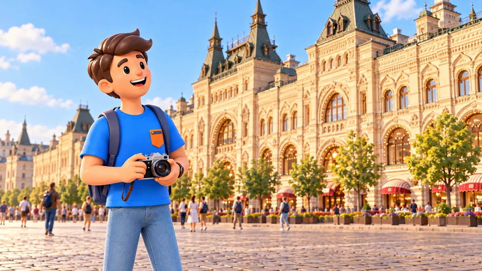 Un voyageur avec un appareil photo regarde la façade du GOUM sur la place Rouge, illustration 3D