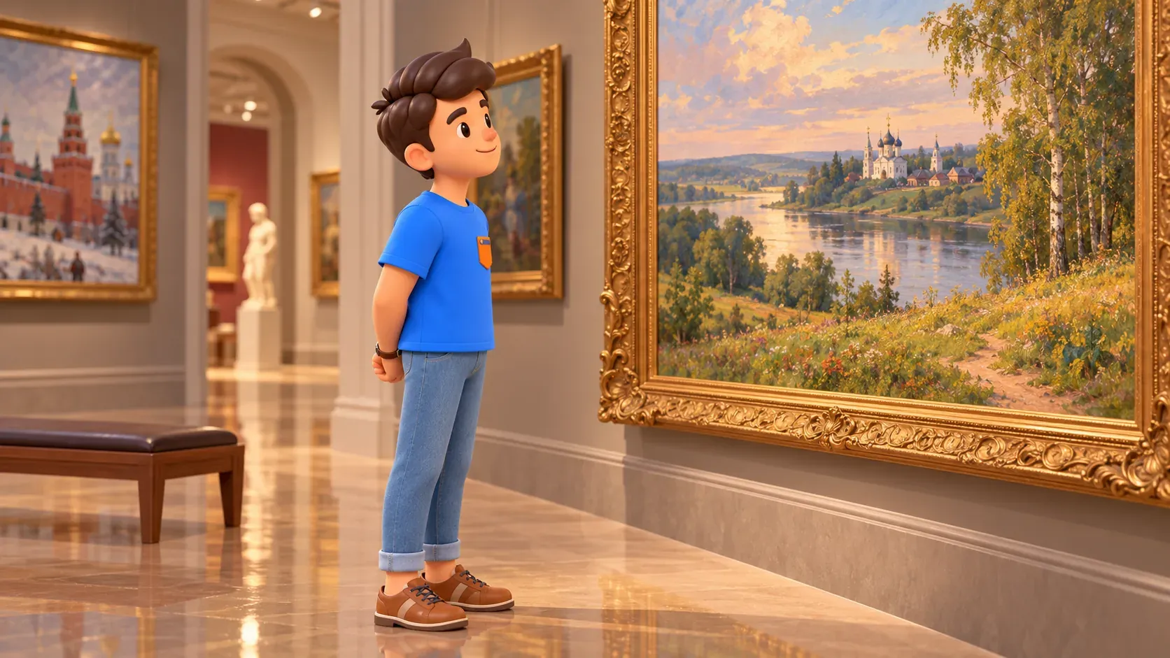 Un voyageur observe un paysage peint dans un intérieur de musée illustré, illustration 3D