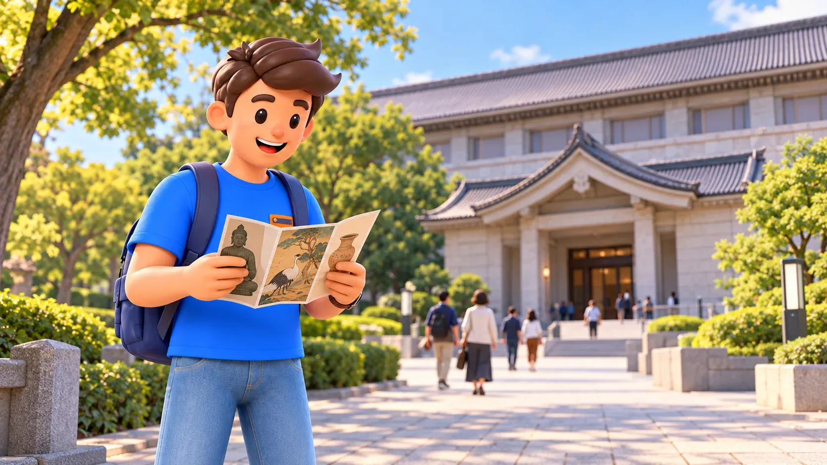 Voyageur avec une brochure devant une entrée de musée d’art japonais stylisée