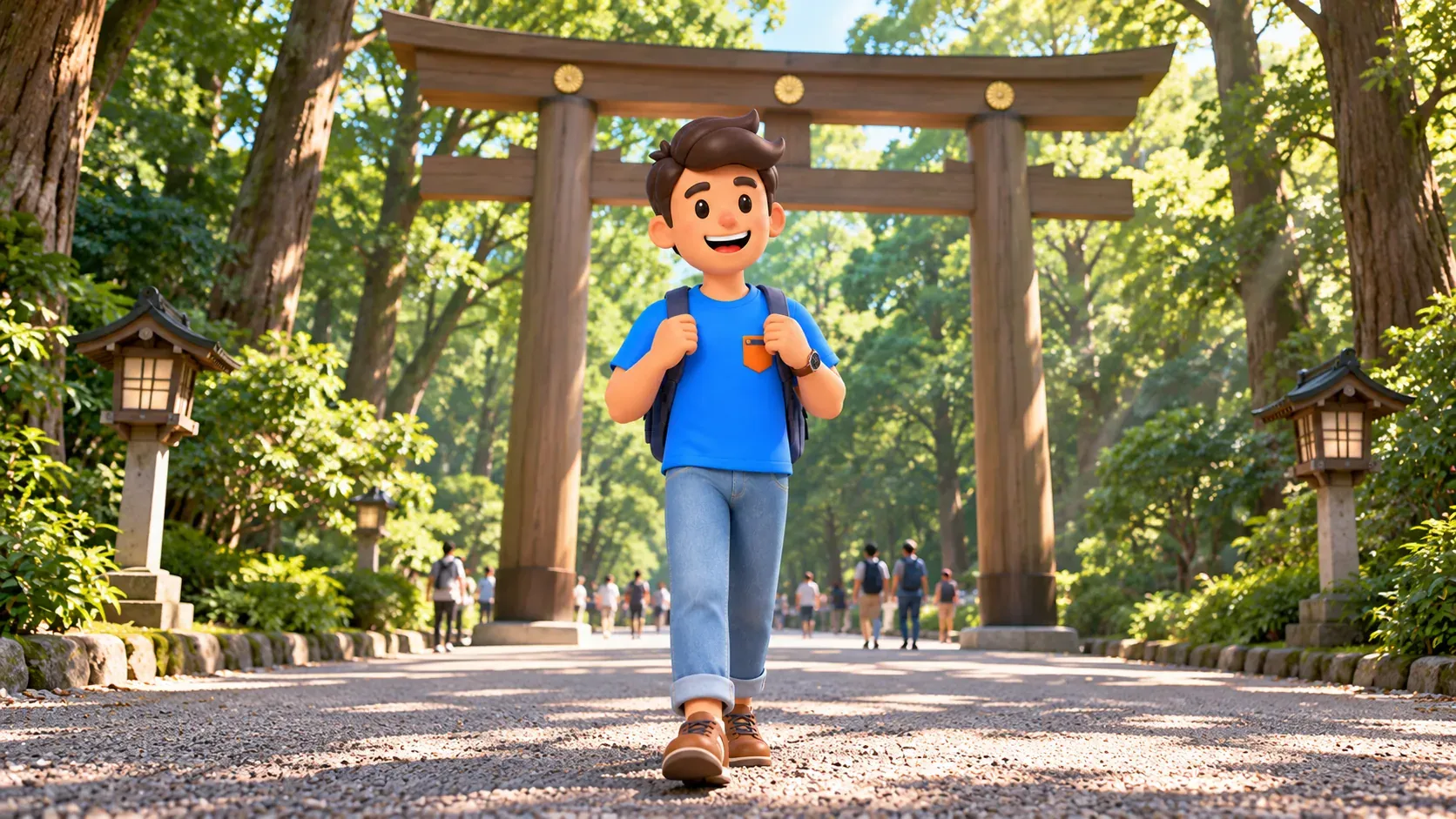 Voyageur passant sous un torii en bois sur un chemin forestier