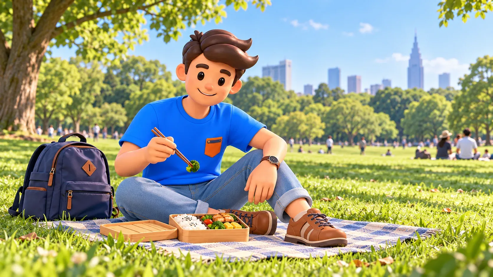 Voyageur sur une couverture dans un parc avec un déjeuner bento